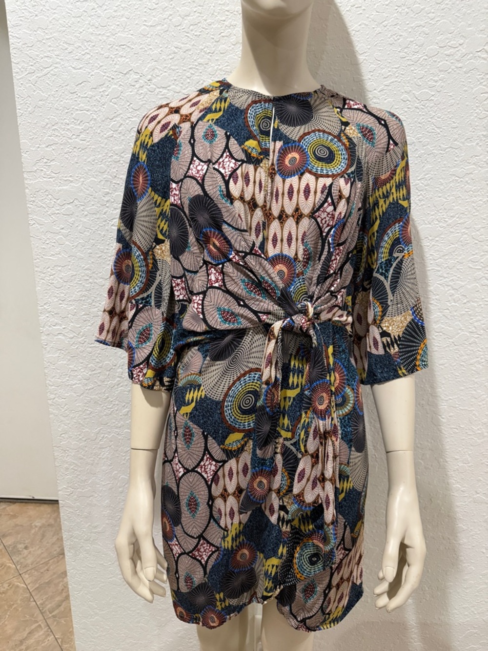 Patterned Knot-Front Mini Dress in Navy, Pink & Mustard